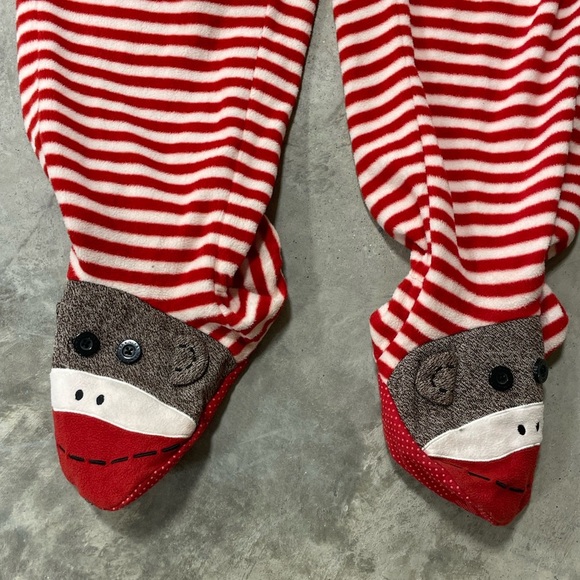 Nick & Nora One Piece Red White Stripe Sock Monkey Footed Pajamas Large - Picture 3 of 5